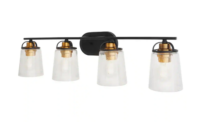Goddard 33.18 in. 4-Light Bronze Industrial Bathroom Vanity Light with Vintage Brass Accents and Clear Seeded Glass
