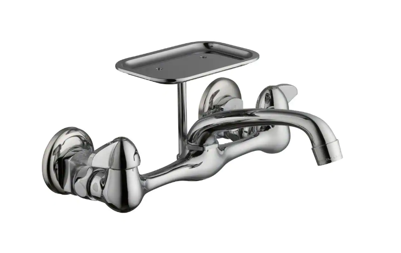 2-Handle Wall-Mount Kitchen Faucet with Soap Dish in Chrome