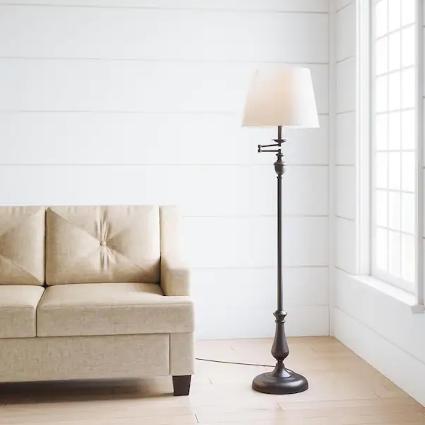 59 in. Oil-Rubbed Bronze Swing-Arm Floor Lamp with Cream Fabric Drum Shade
