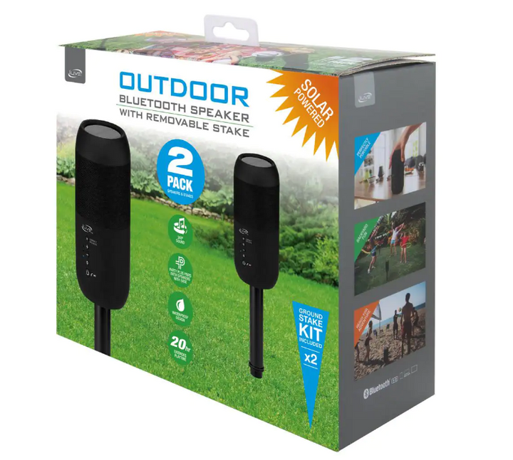 Indoor Outdoor IPX6 Waterproof Bluetooth Wireless Speakers with Removable Stakes in Black (Set of 2)