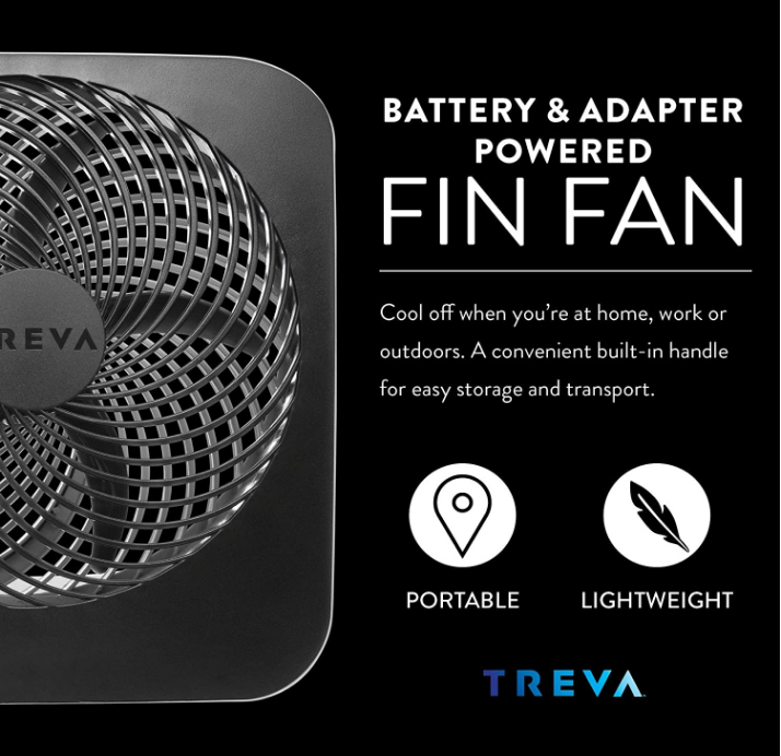Treva 10-Inch Portable Fan, Powered by Battery and/or AC Adapter - Desk Fan Air Circulating with 2 Cooling Speeds, Personal Fan and Travel Fan for all your needs