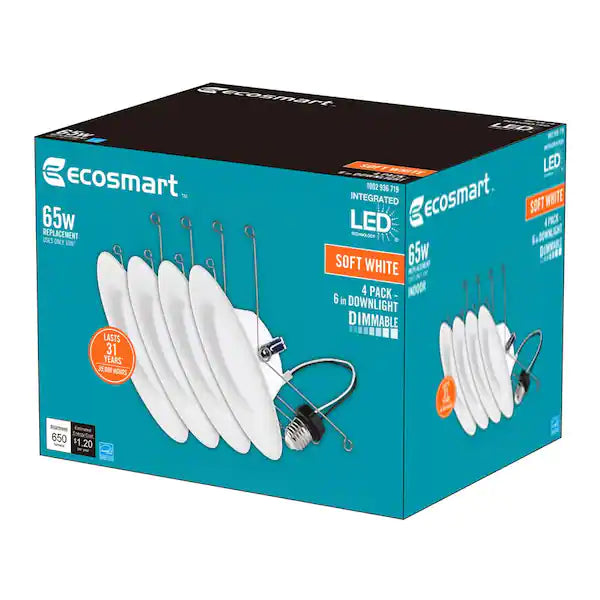 EcoSmart 6 in. Soft White Integrated LED Recessed Trim (4-Pack)