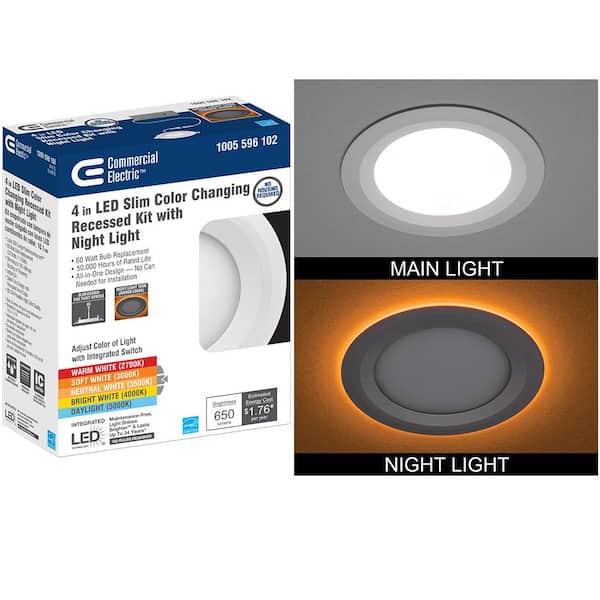Commercial Electric  Ultra Slim 4 in. Canless Selectable CCT Integrated LED Recessed Light Trim with Night Light Feature 650 Lumens