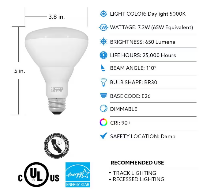 Feit Electric 65-Watt Equivalent BR30 Dimmable CEC ENERGY STAR 90+ CRI Recessed E26 Flood LED Light Bulb, Daylight 5000K (3-Pack) BR30DM/950CA/3