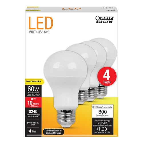 Feit Electric LED Light Bulb (4 Pack)10 watt - 120 volt - A19 - Medium Screw (E26) Base - 2,700K - Warm White - Non-Dimmable