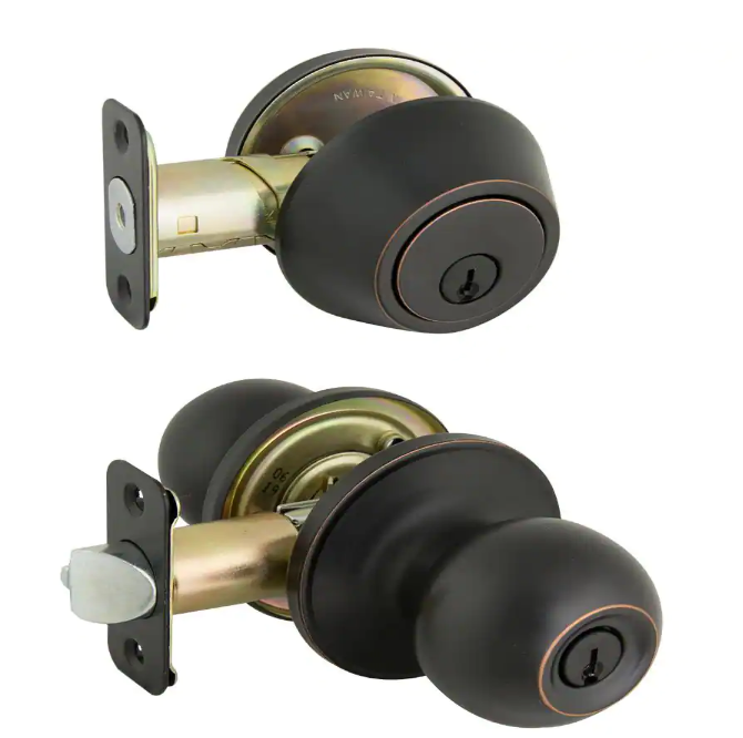 Simple Series Ball Aged Bronze Keyed Entry Door Knob with Single Cylinder Deadbolt Combo Pack