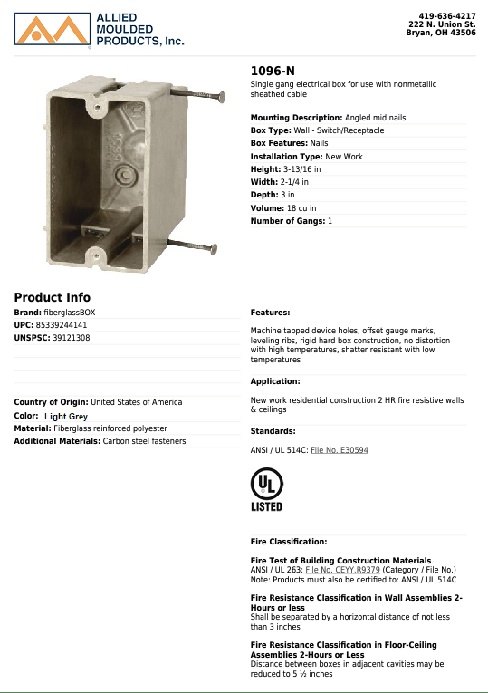 Allied Moulded Switch Box 18.0 Cu In 2-7/8 " Dx2-1/4 " Wx3-5/8 " H Fiberglass 1 Gang Bulk