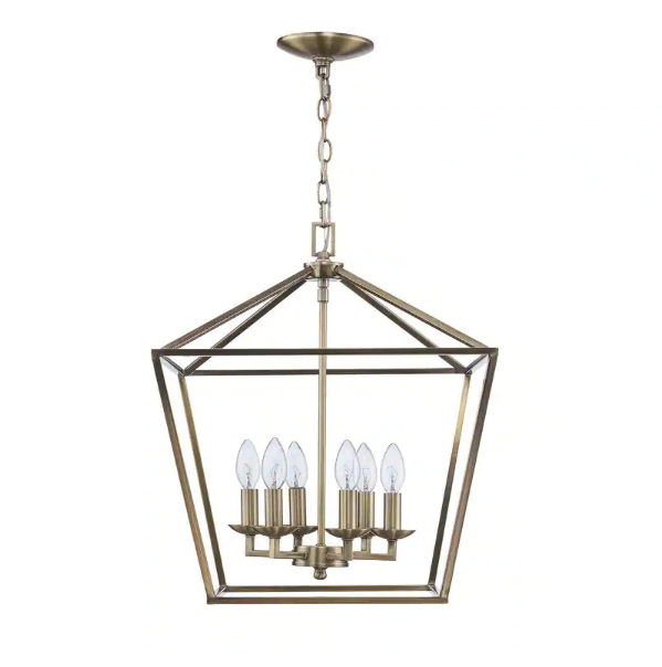 Weyburn 6-Light Brushed Brass Caged Farmhouse Chandelier for Dining Room, Lantern Kitchen Light