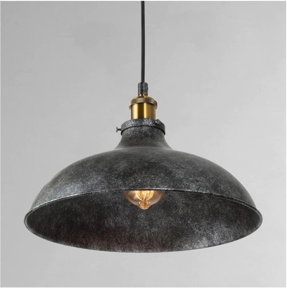 14 in. 1-Light Rustic Grey Industrial Pendant Light with Dome Shade & Antique Brass Socket Farmhouse Island Pendant