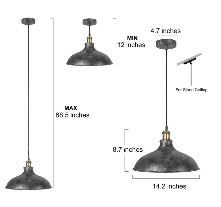 14 in. 1-Light Rustic Grey Industrial Pendant Light with Dome Shade & Antique Brass Socket Farmhouse Island Pendant