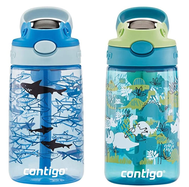 Contigo Kids Water Bottle with AUTOSPOUT Straw, 14 oz., Dinos & Sharks, 2-Pack