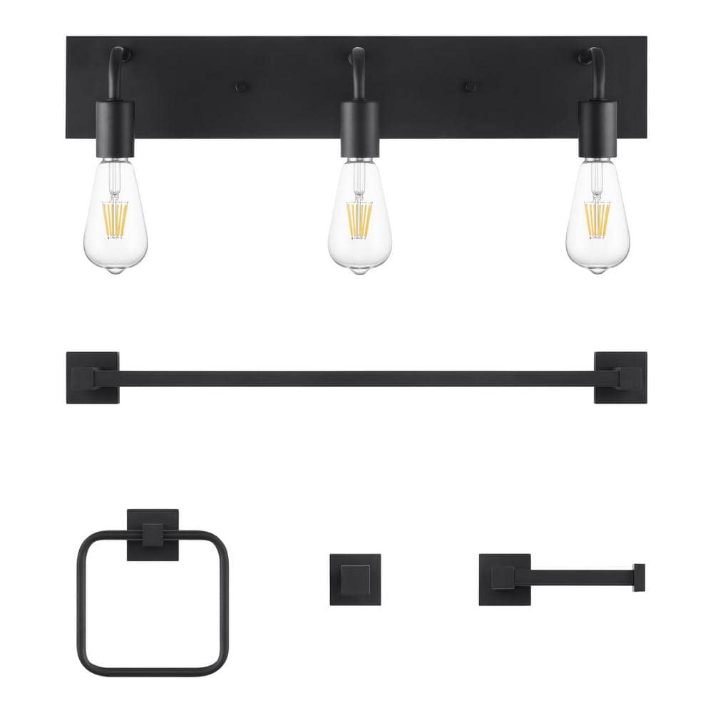 Northvale 24 in. 3-Light Matte Black Vanity Light with Bath Hardware Kit (4-Piece)